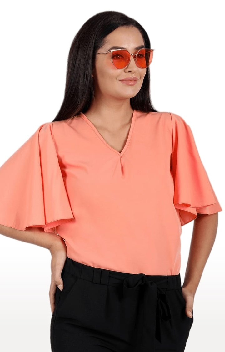 Women's Peach Polyester  Solid Blouson Top