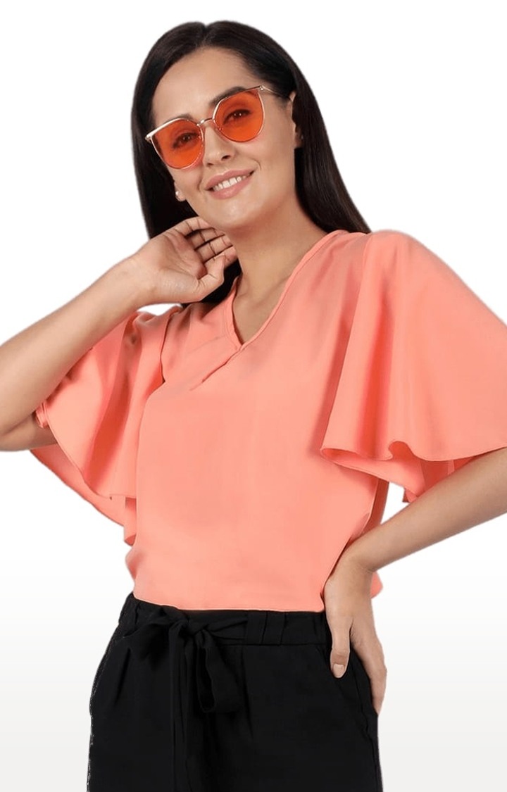 Women's Peach Polyester  Solid Blouson Top