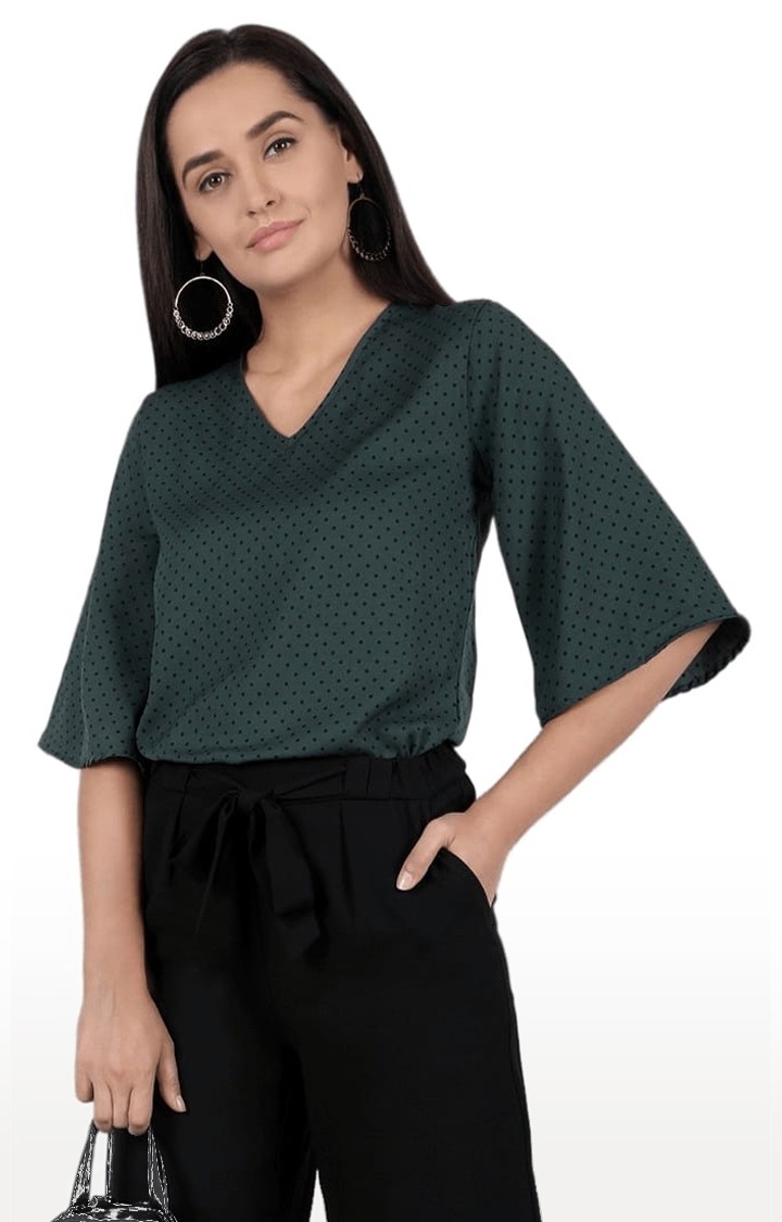 Women's Green Polyester Polka Dots Blouson Top