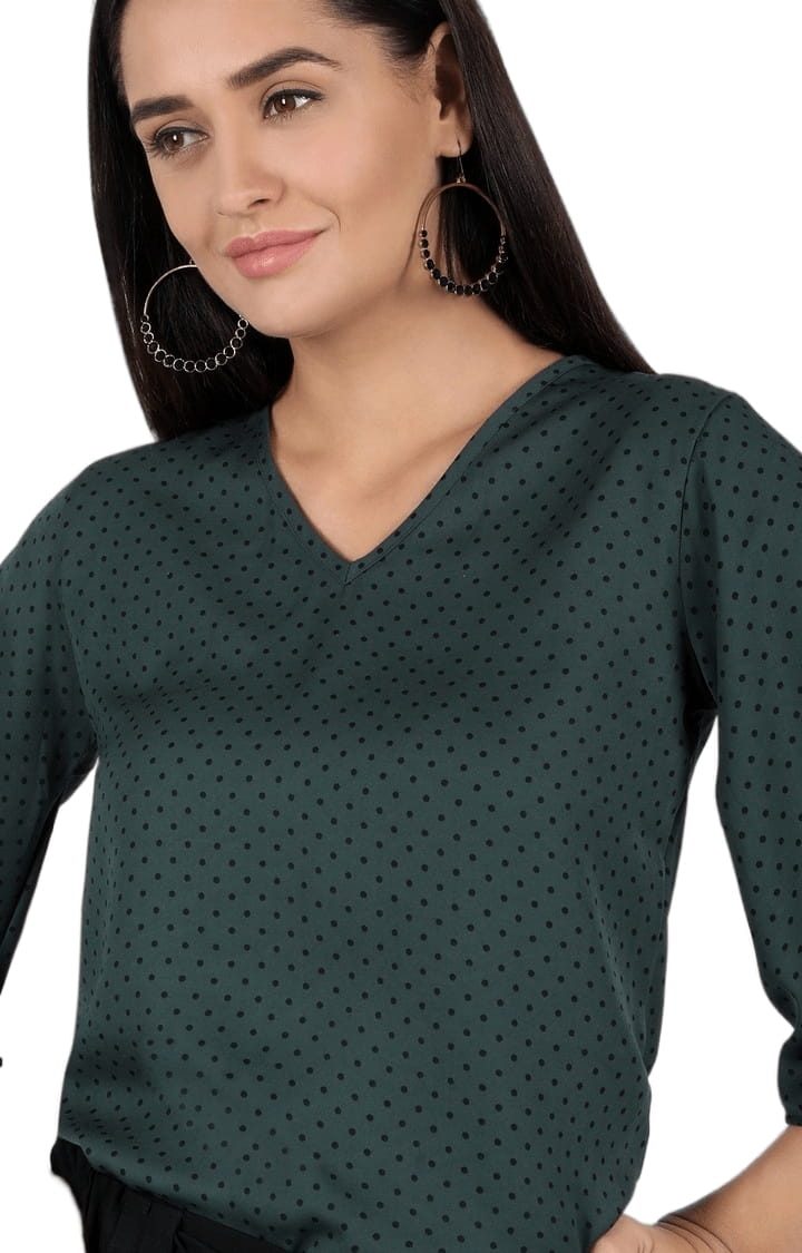 Women's Green Polyester Polka Dots Blouson Top