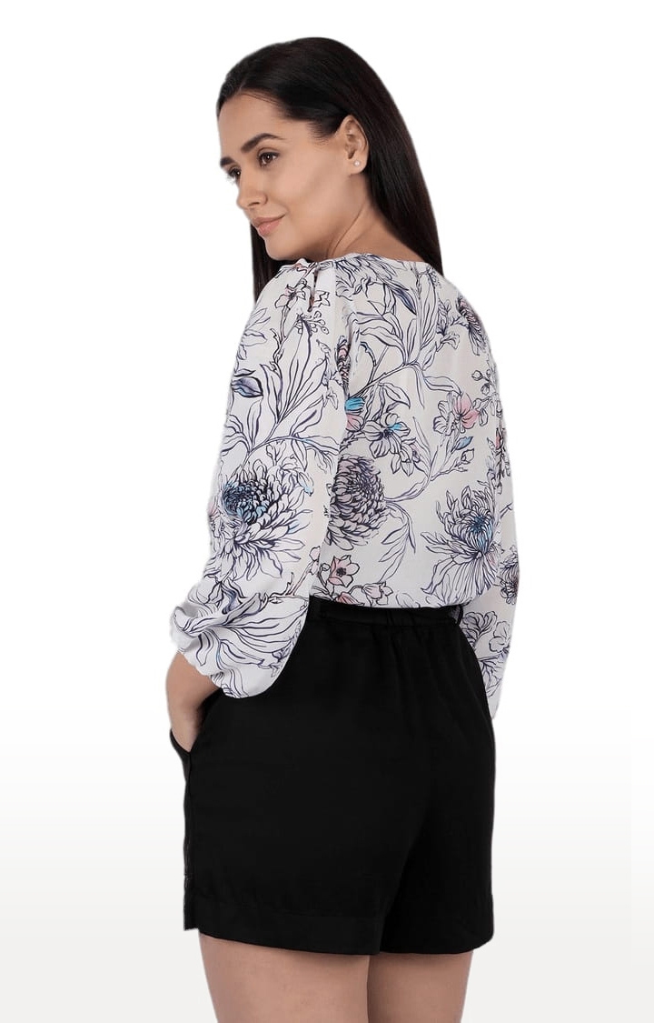 Women's White Polyester Floral Blouson Top