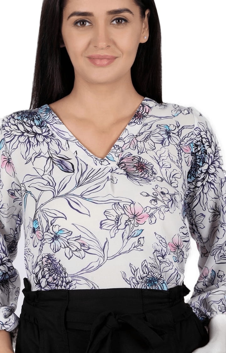 Women's White Polyester Floral Blouson Top