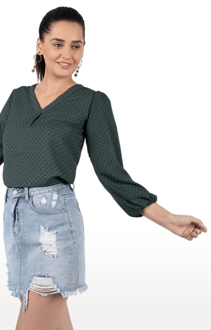 Women's Green Polyester Polka Dots Blouson Top
