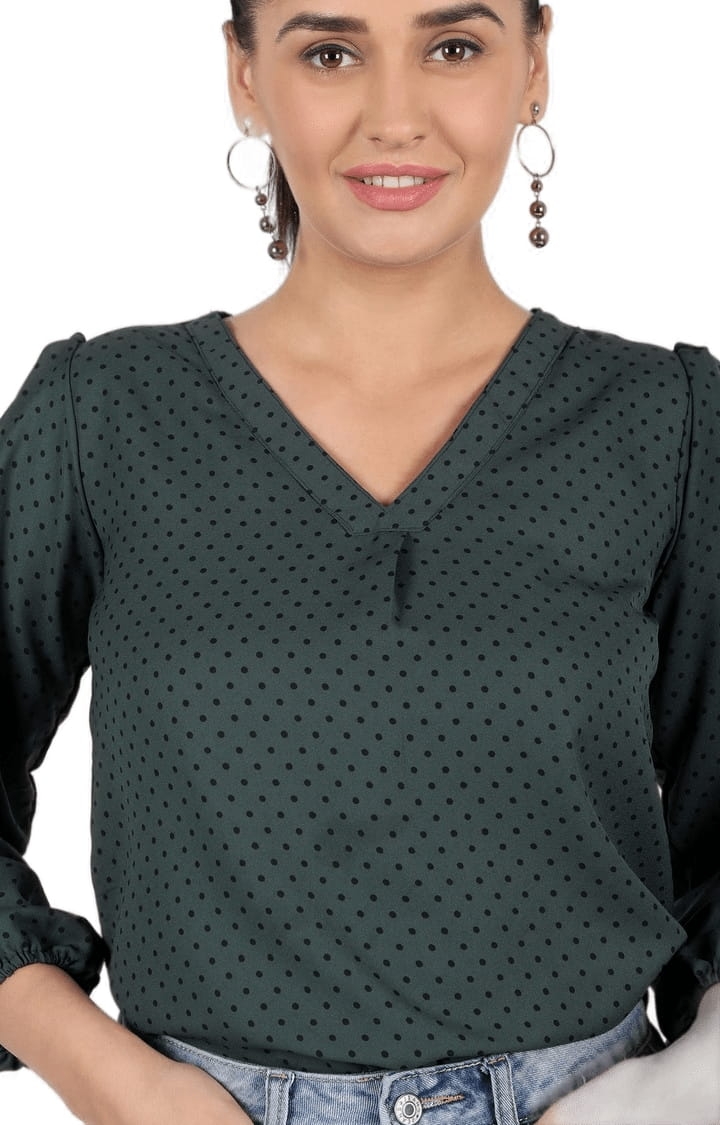 Women's Green Polyester Polka Dots Blouson Top