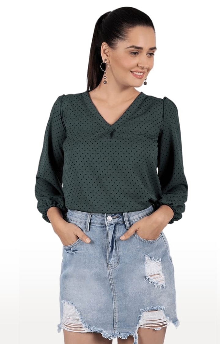Women's Green Polyester Polka Dots Blouson Top