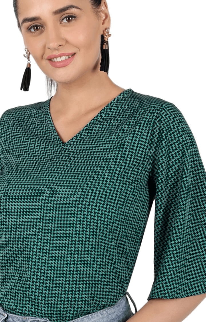 Women's Green Polyester Checked Blouson Top