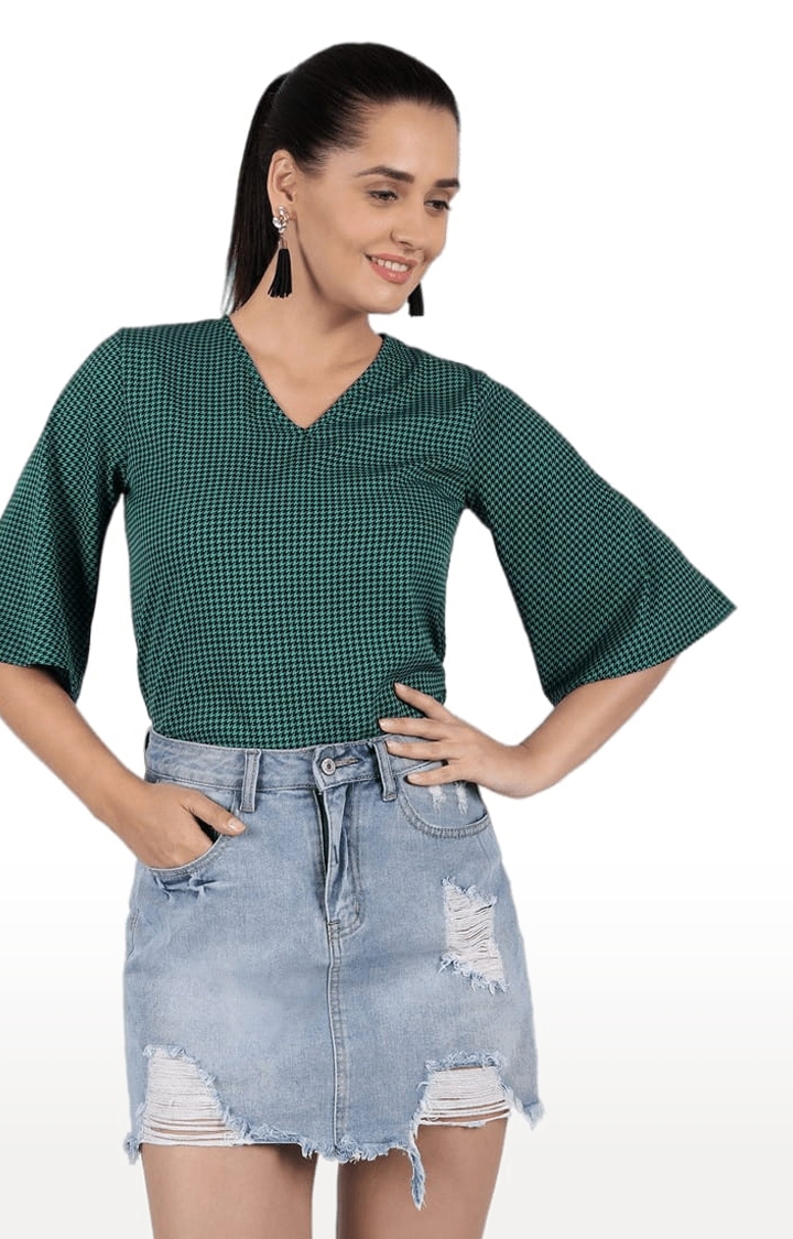 Women's Green Polyester Checked Blouson Top