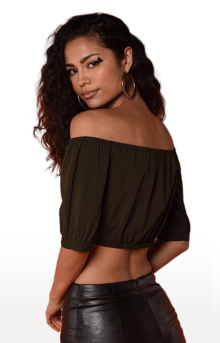 Women's Green Polyester Solid Off Shoulder Top