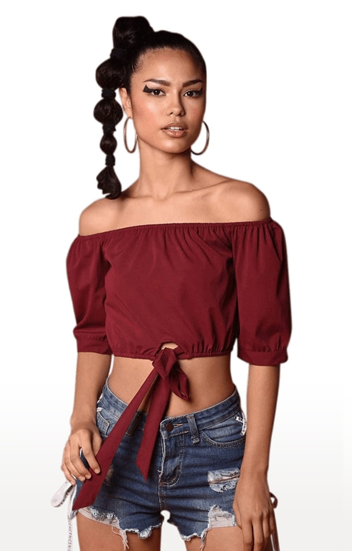 CHIMPAAANZEE | Women's Maroon Polyester Solid Off Shoulder Top