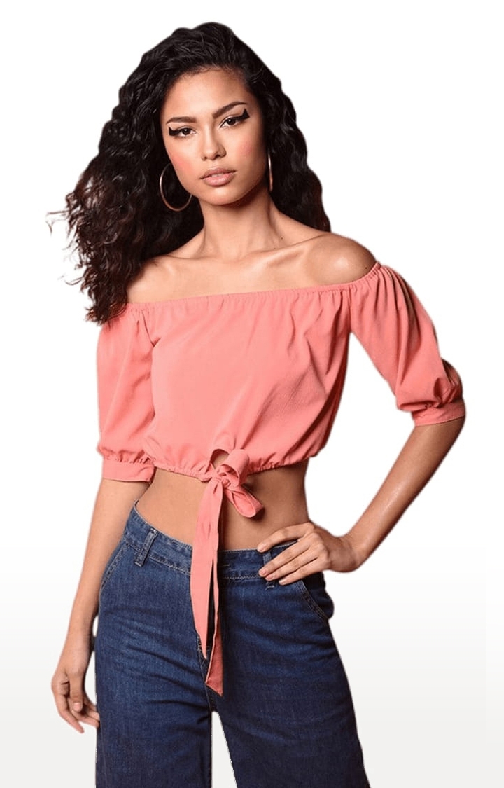 CHIMPAAANZEE | Women's Pink Polyester Solid Off Shoulder Top