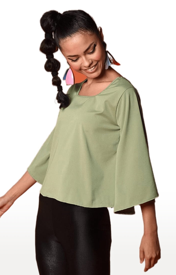 Women's Olive Polyester  Solid Blouson Top
