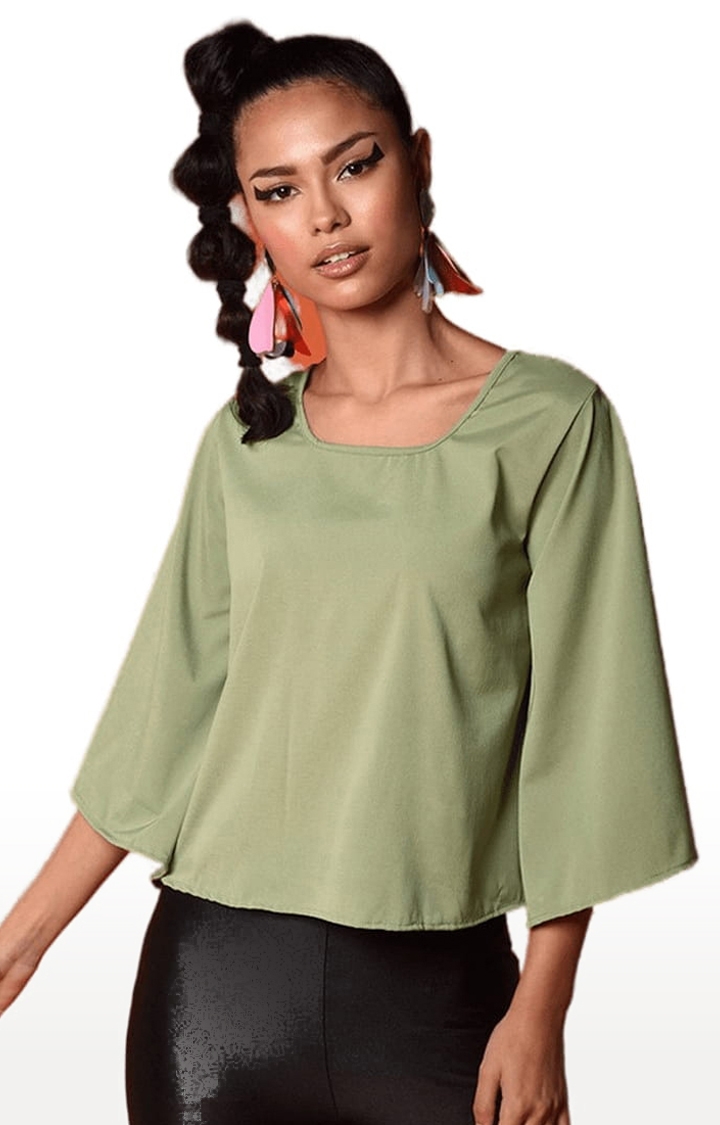 Women's Olive Polyester  Solid Blouson Top