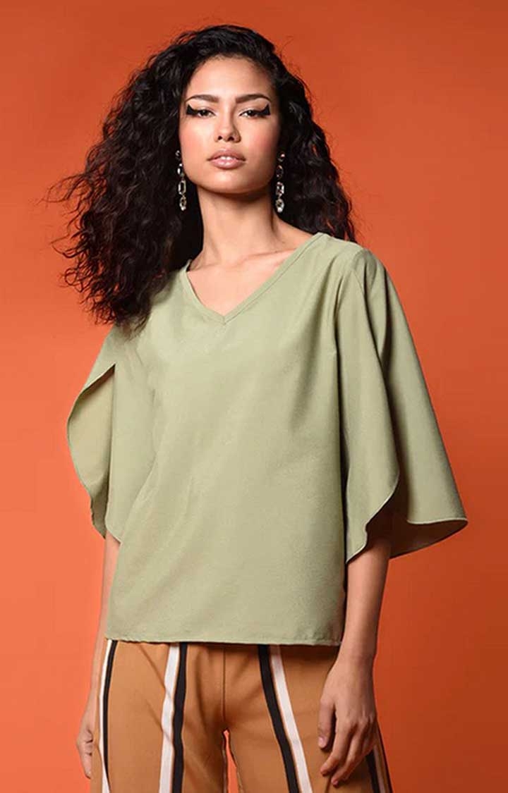 Women's Olive Polyester  Solid Blouson Top