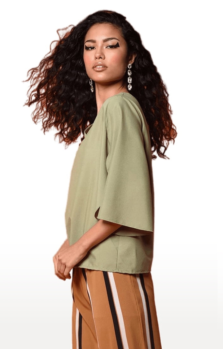 Women's Olive Polyester  Solid Blouson Top