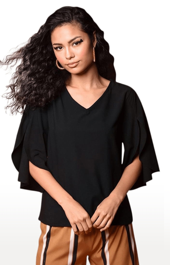 Women's Black Polyester  Solid Blouson Top