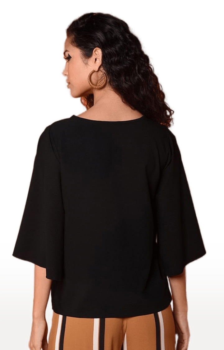Women's Black Polyester  Solid Blouson Top