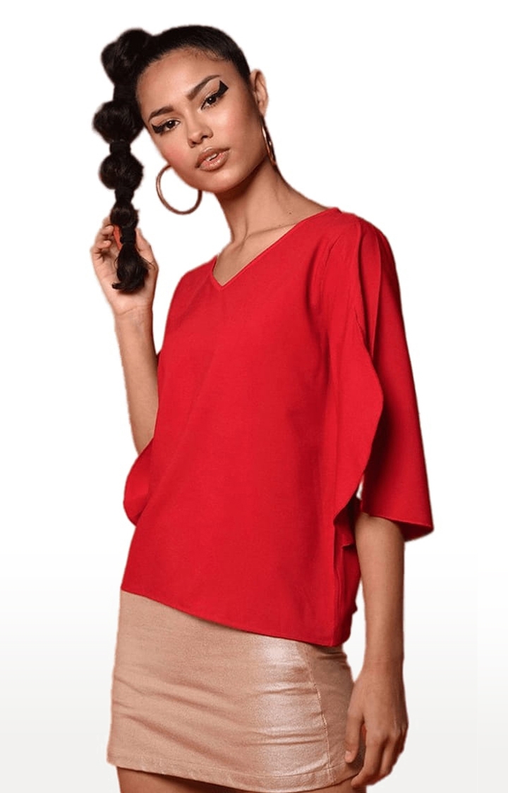 CHIMPAAANZEE | Women's Red Polyester  Solid Blouson Top 1