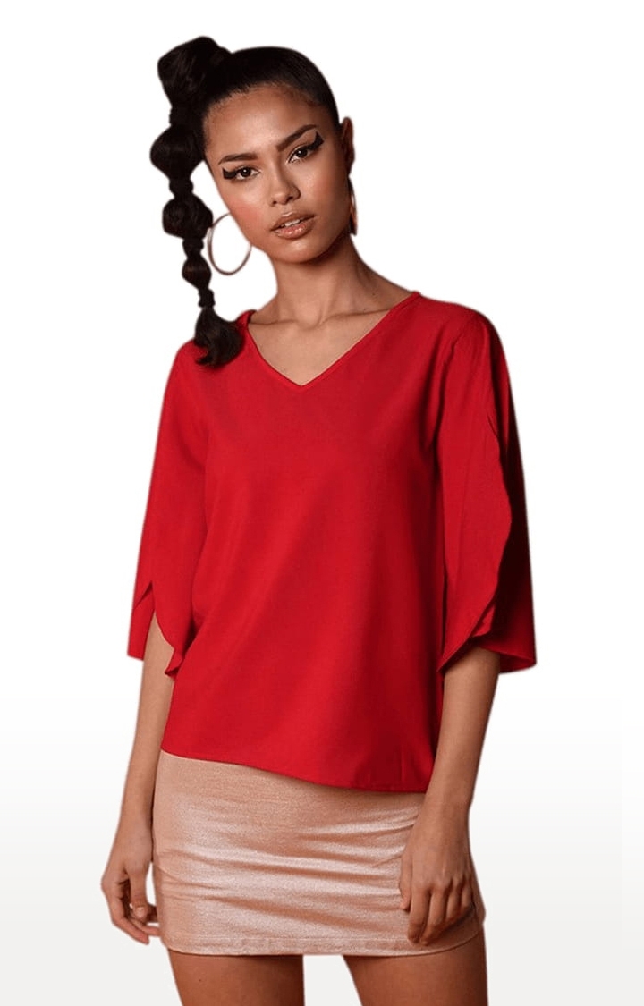 CHIMPAAANZEE | Women's Red Polyester  Solid Blouson Top 0
