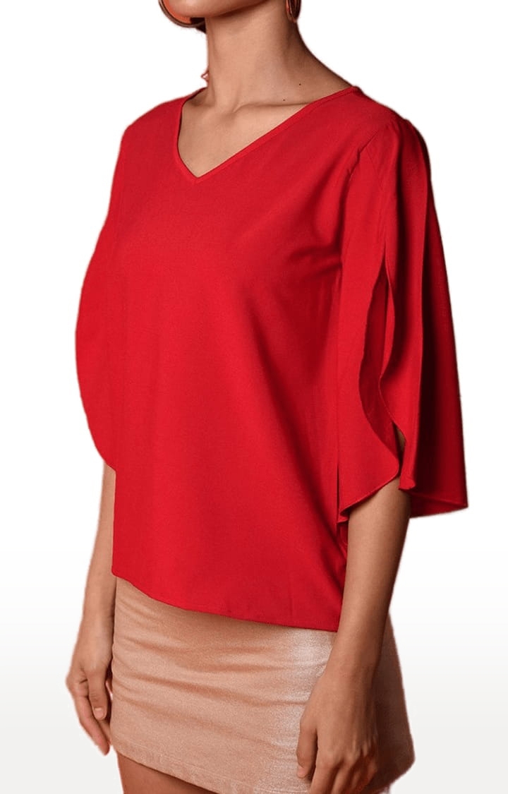 Women's Red Polyester  Solid Blouson Top