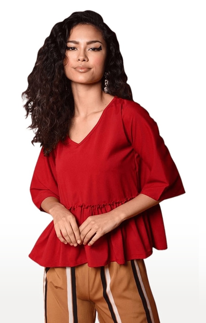 Women's Red Polyester Floral Peplum Top