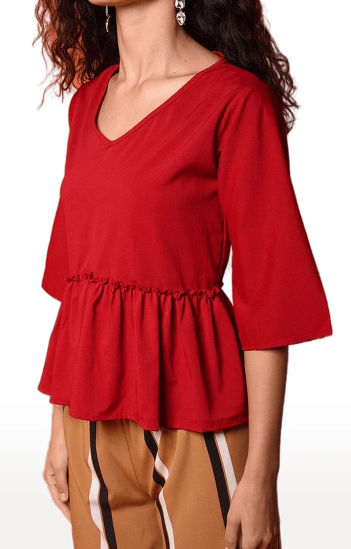 Women's Red Polyester Floral Peplum Top