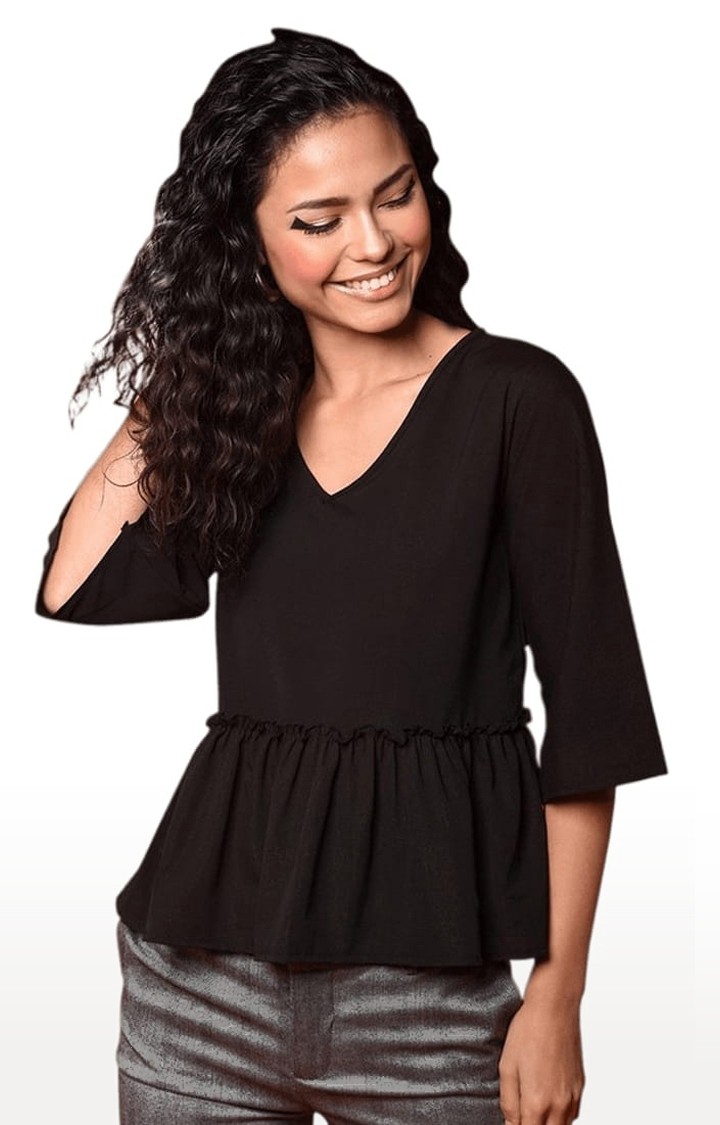 Women's Black Polyester Solid Peplum Top
