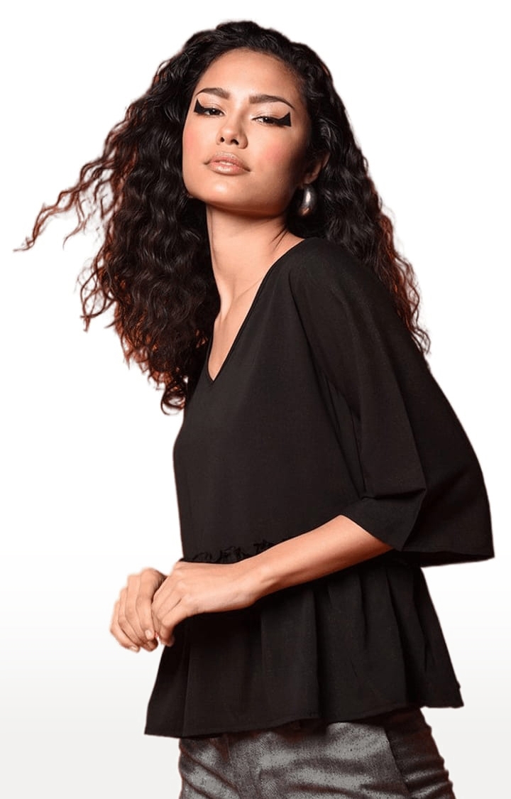 Women's Black Polyester Solid Peplum Top