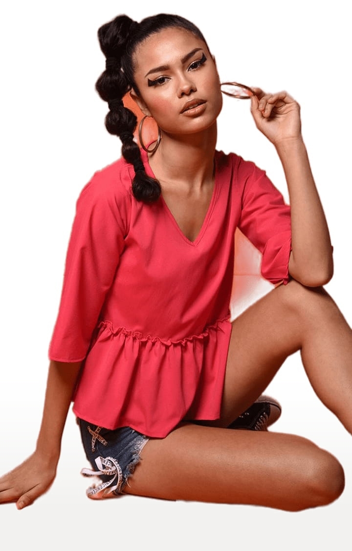 CHIMPAAANZEE | Women's Dark Pink Polyester Solid Peplum Top 1
