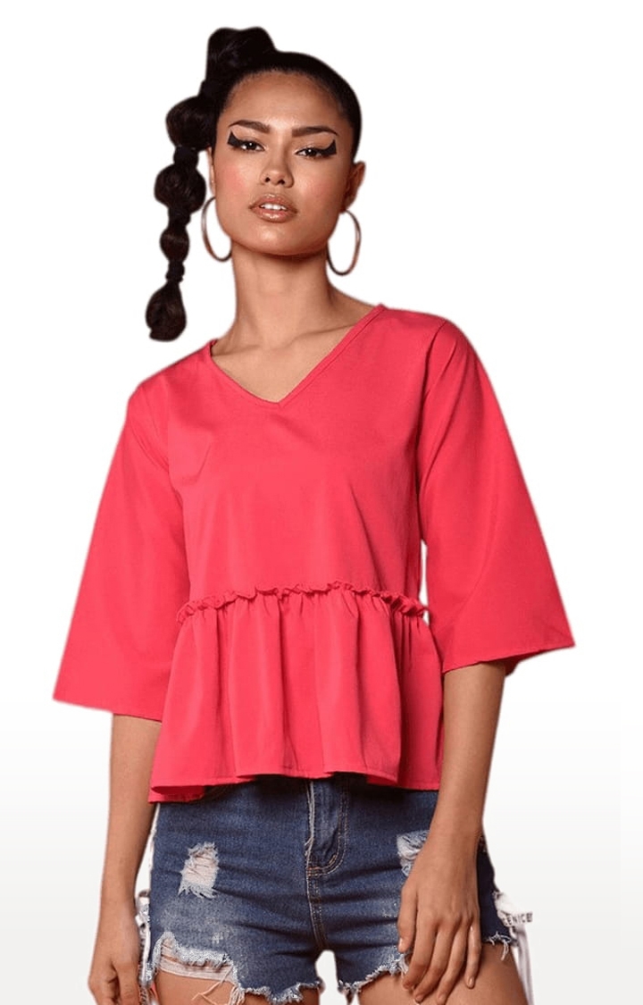CHIMPAAANZEE | Women's Dark Pink Polyester Solid Peplum Top 0