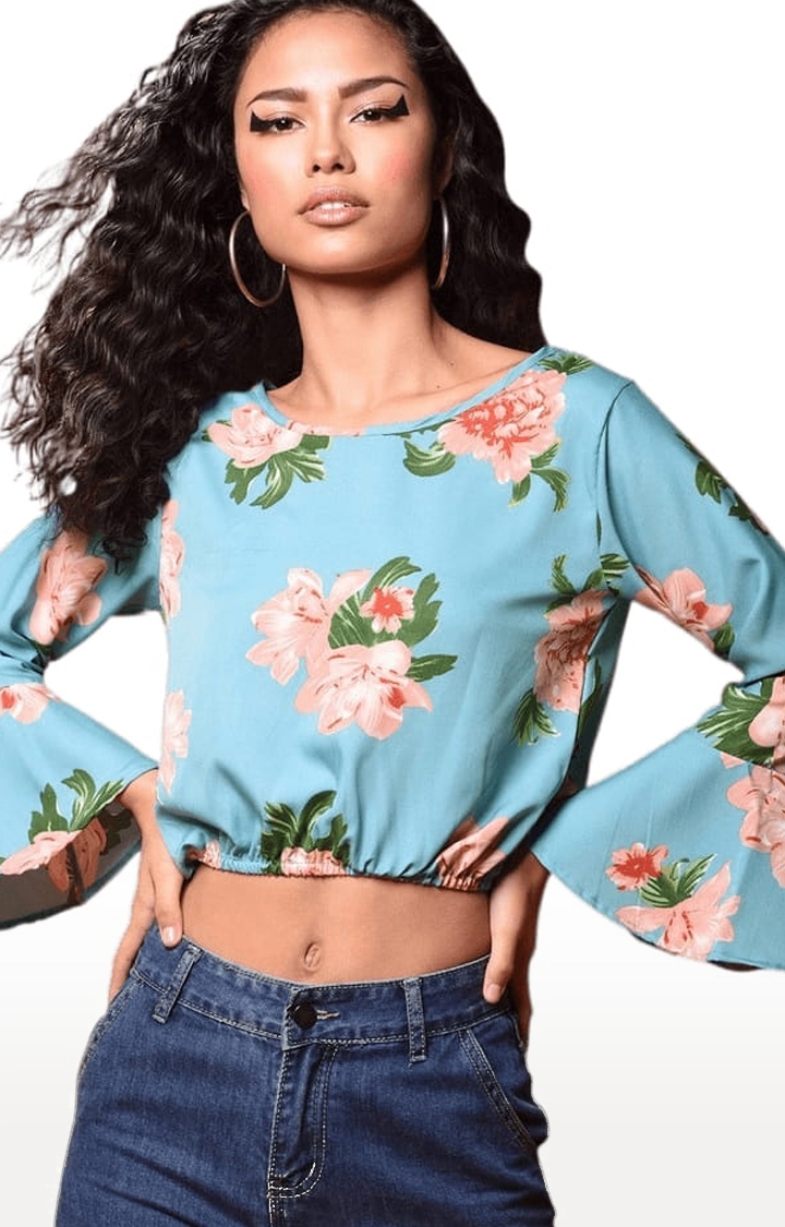 CHIMPAAANZEE | Women's Blue and Pink Crepe Floral  Blouson Top