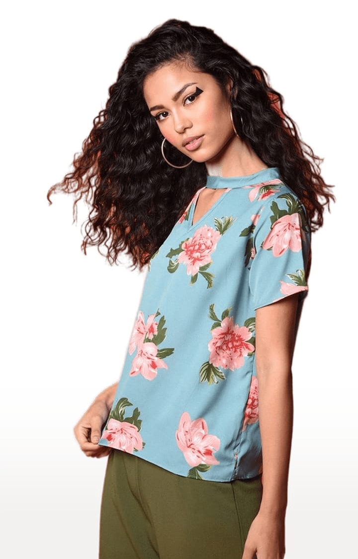Women's Blue and Pink Crepe Floral Blouson Top