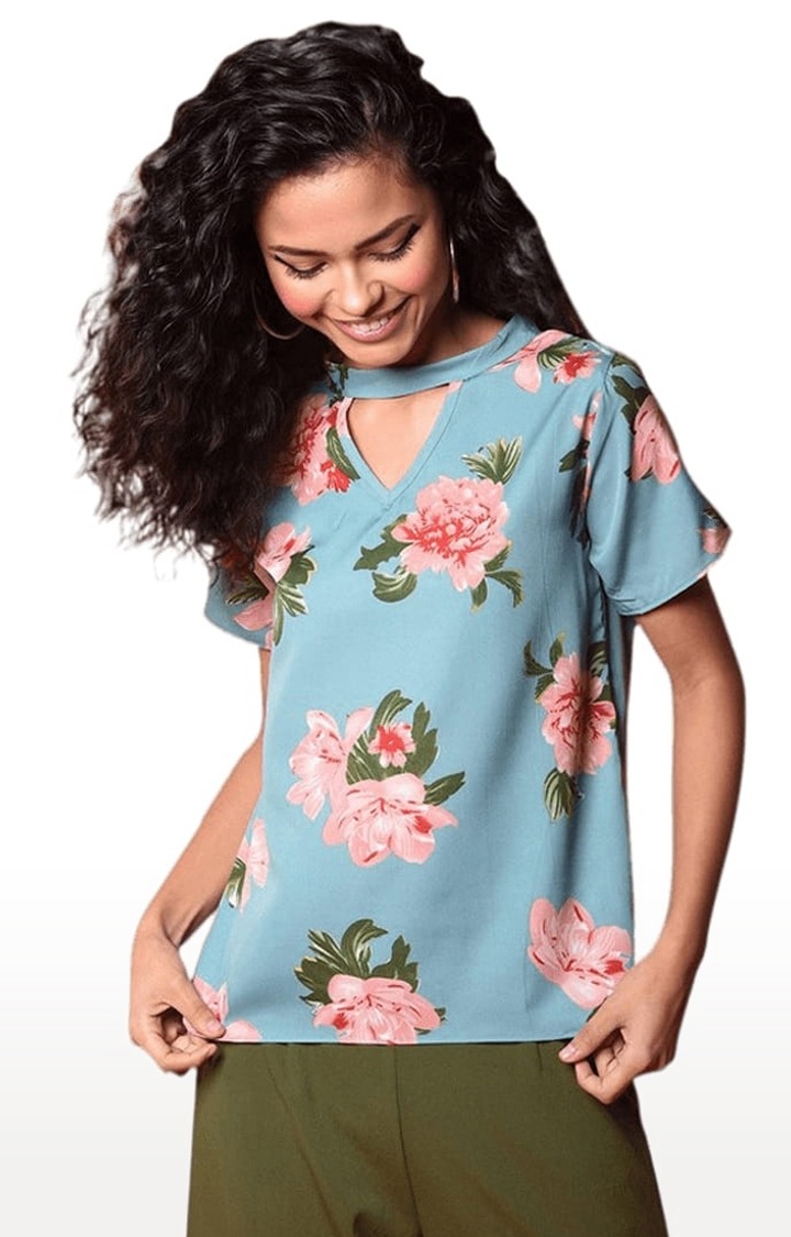 Women's Blue and Pink Crepe Floral Blouson Top