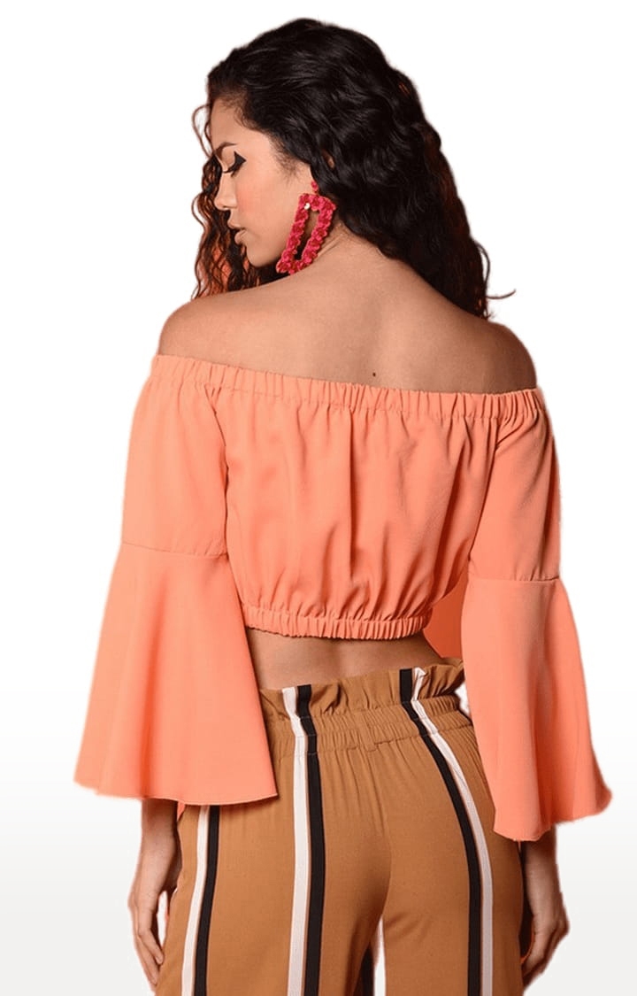 Women's Peach Polyester Solid Off Shoulder Top