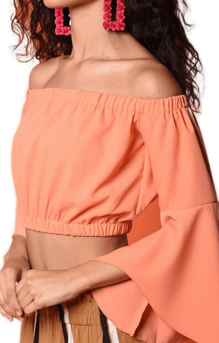 Women's Peach Polyester Solid Off Shoulder Top