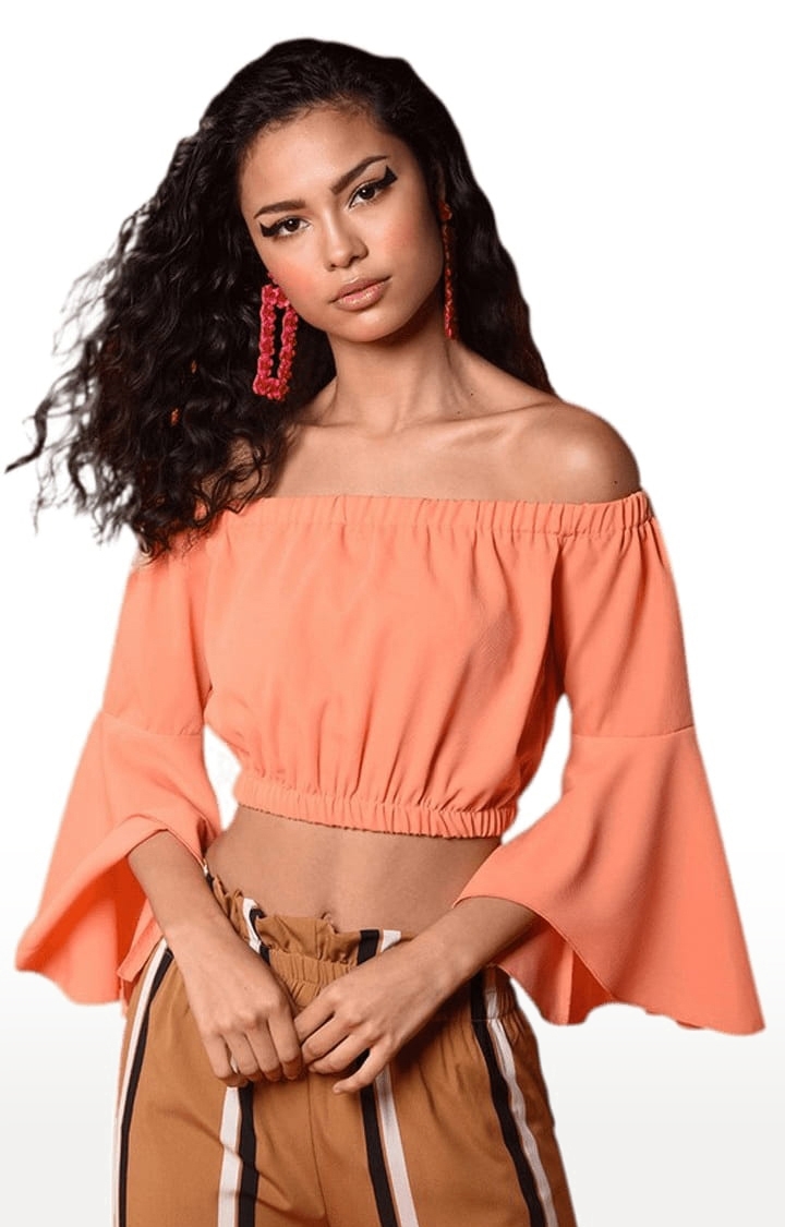 Women's Peach Polyester Solid Off Shoulder Top