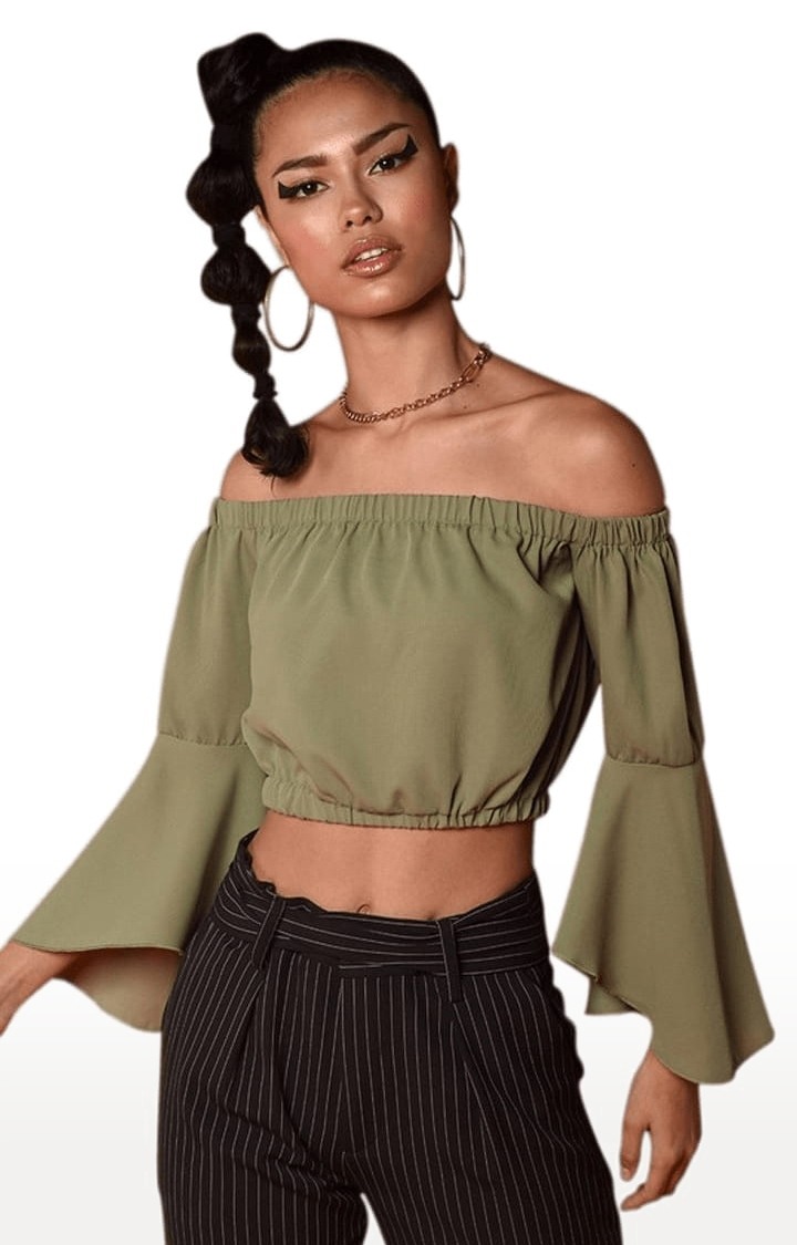 Women's Green Polyester Solid Off Shoulder Top