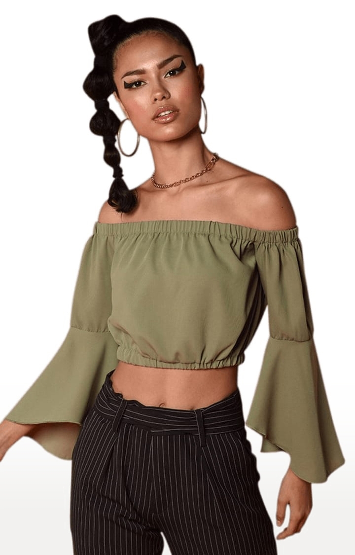 CHIMPAAANZEE | Women's Green Polyester Solid Off Shoulder Top
