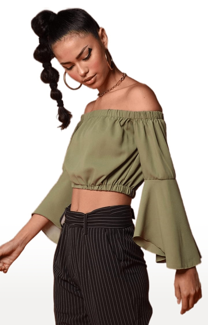 Women's Green Polyester Solid Off Shoulder Top