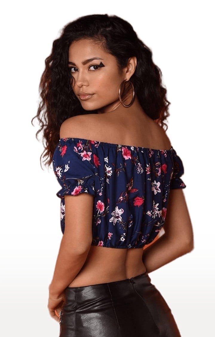 Women's Navy Crepe Floral Off Shoulder Top