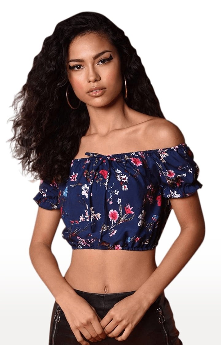 Women's Navy Crepe Floral Off Shoulder Top