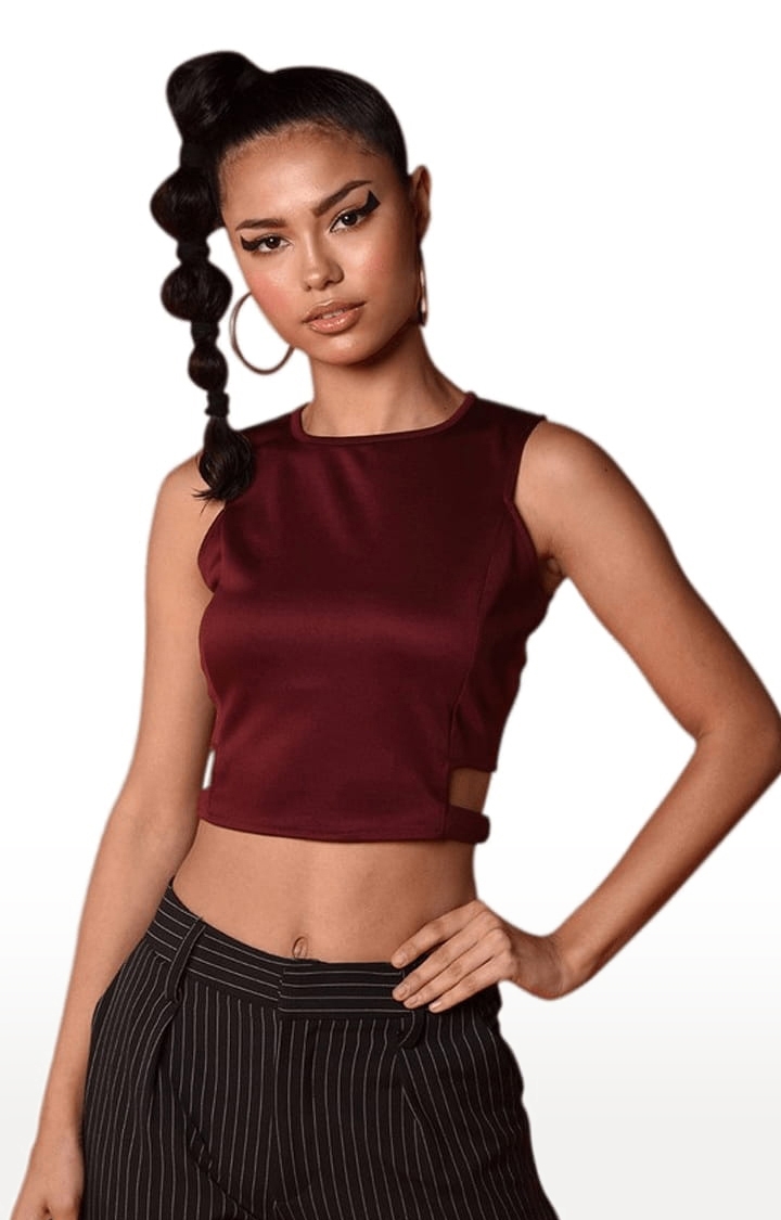 Women's Maroon Polyester Solid Top