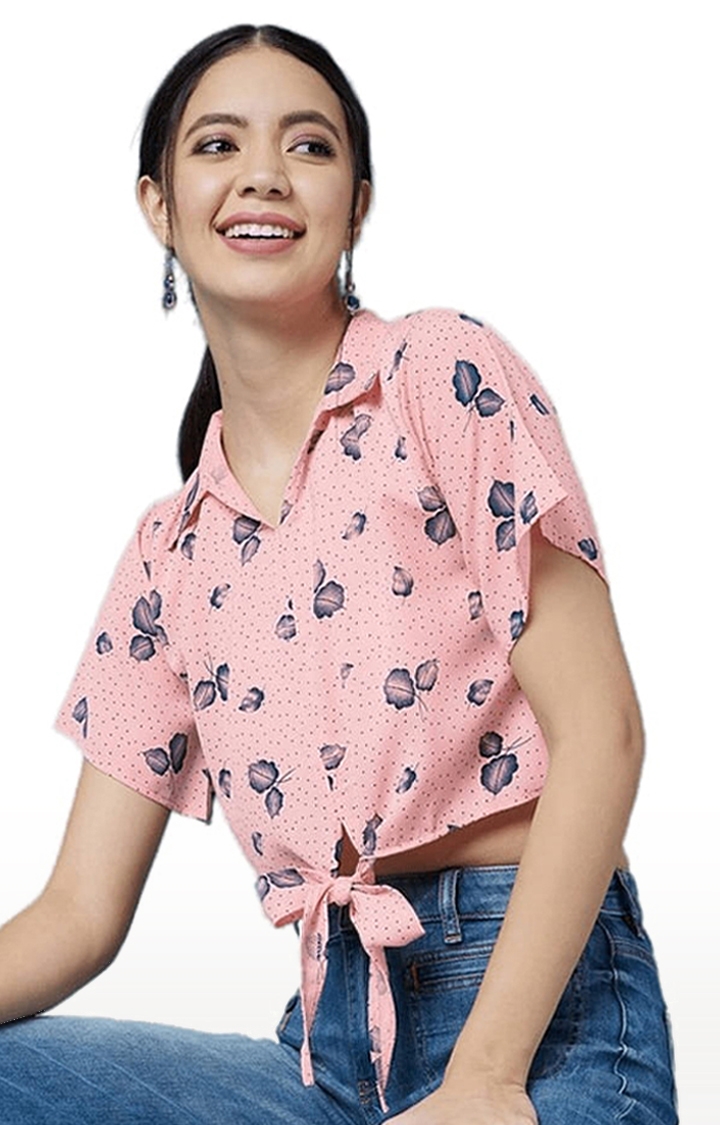 CHIMPAAANZEE | Women's Peach Polyester Printed Crop Top