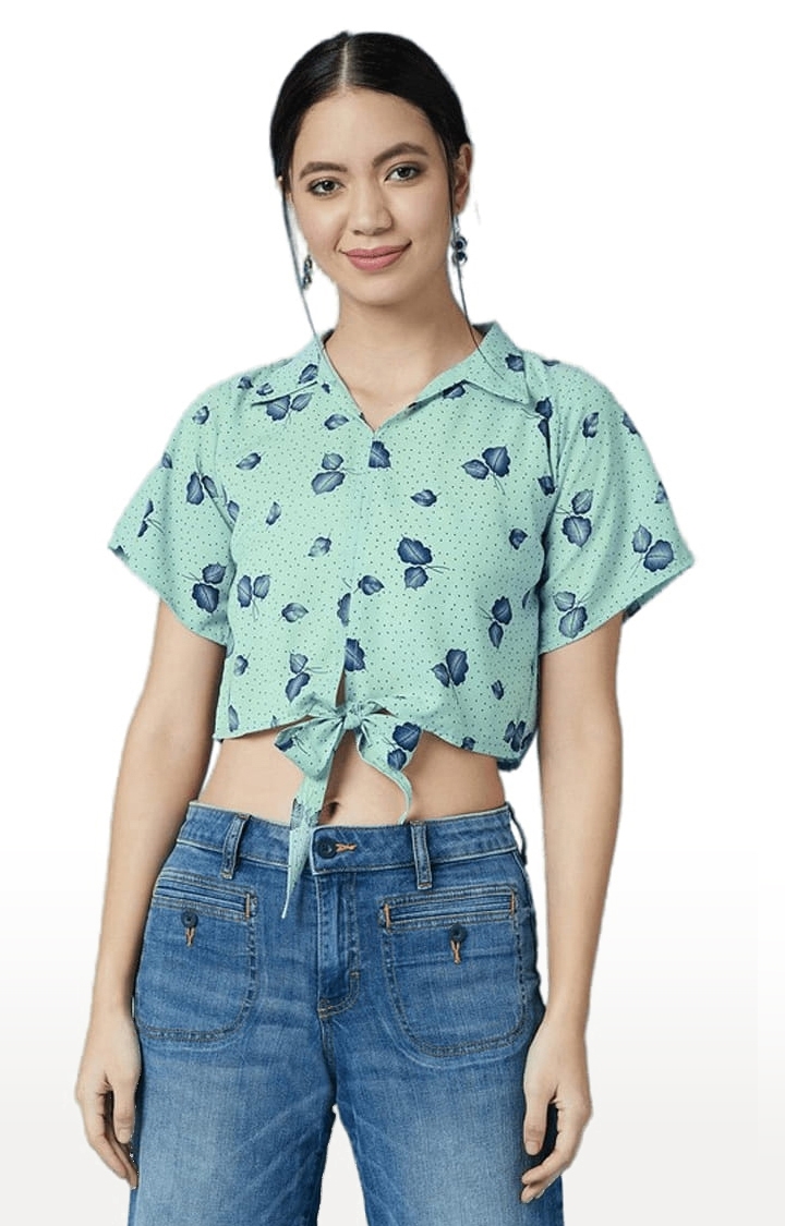 CHIMPAAANZEE | Women's Sea Green Polyester Printed Crop Top