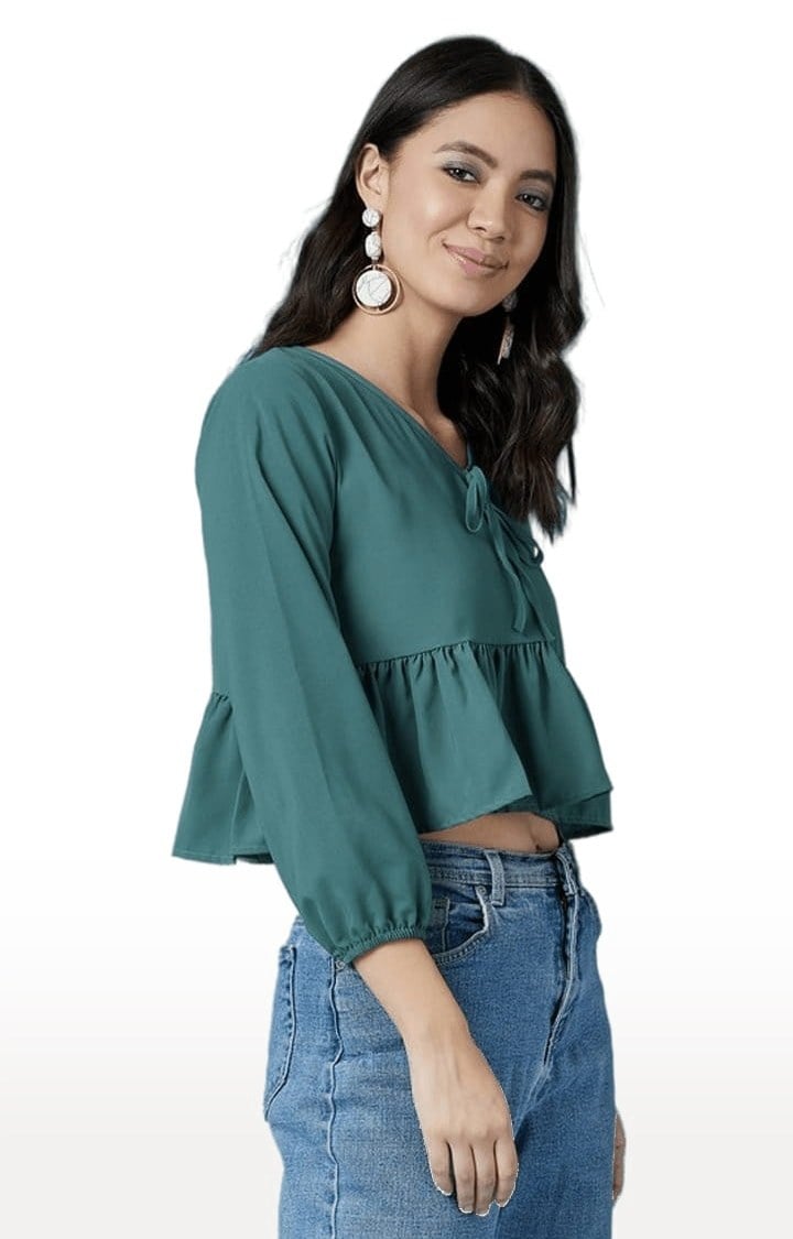 Women's Dark Green Polyester Solid Peplum Top