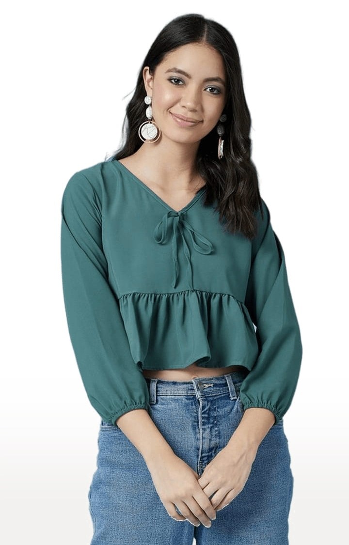 Women's Dark Green Polyester Solid Peplum Top