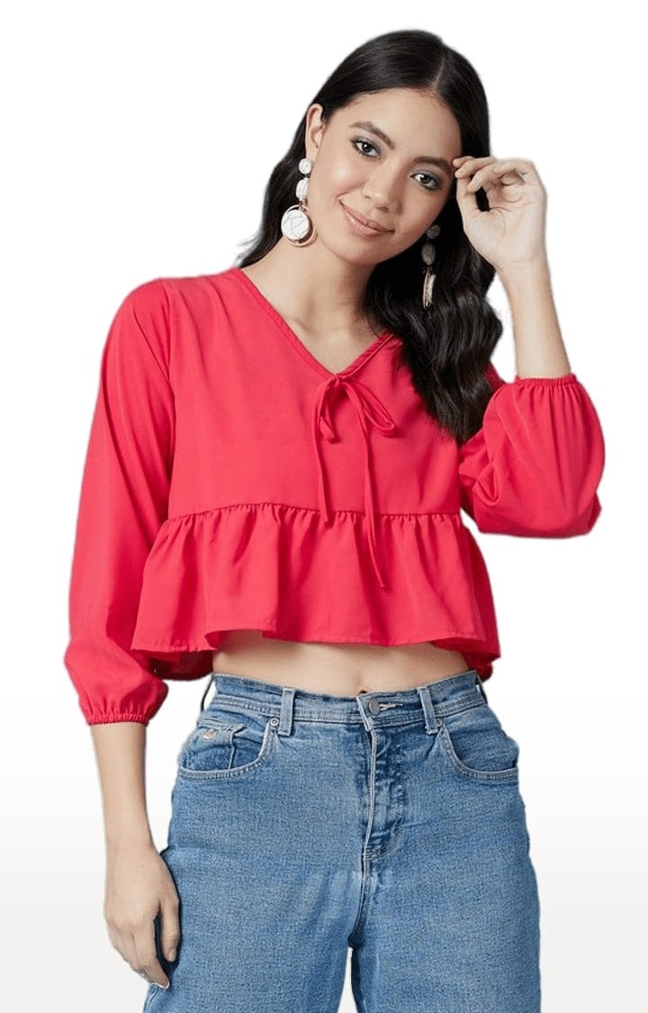 Women's Dark Pink Polyester Solid Peplum Top