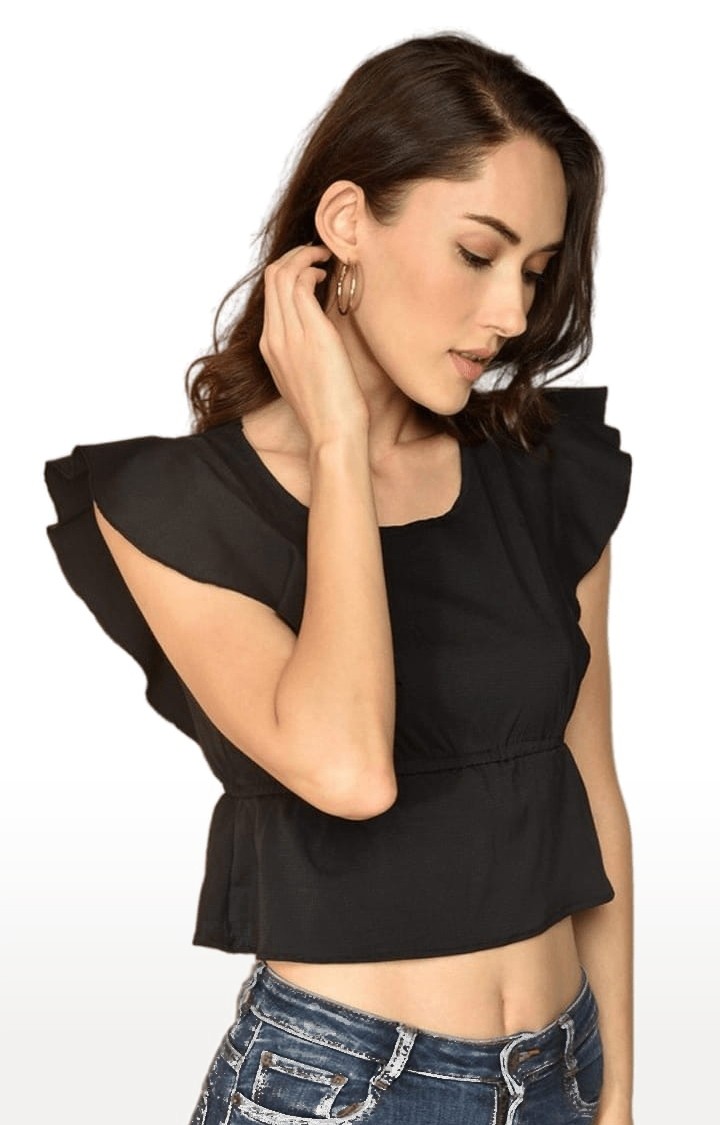 Women's Black Polyester Solid Crop Top