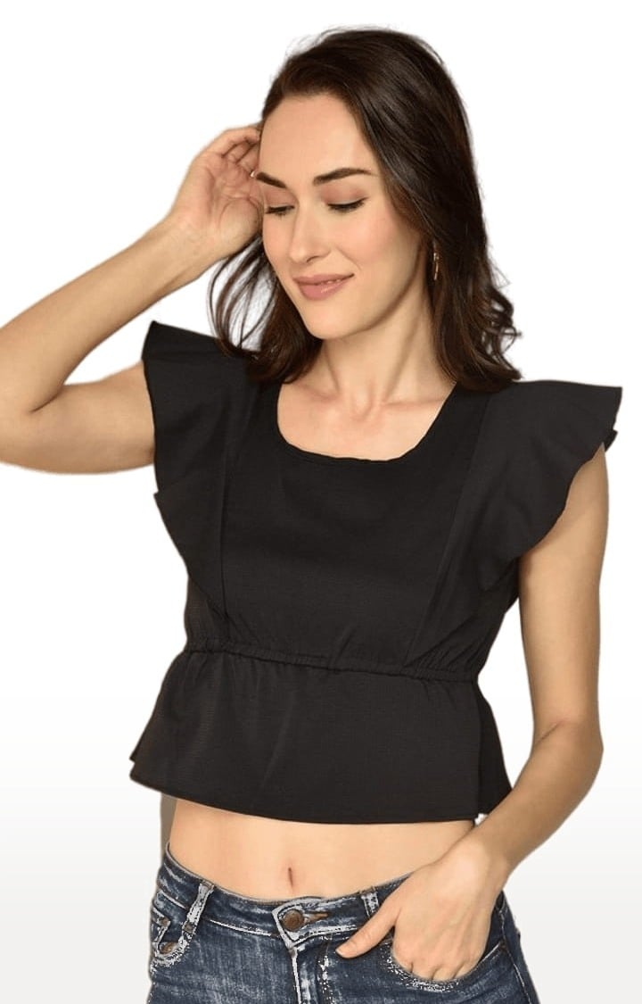 Women's Black Polyester Solid Crop Top