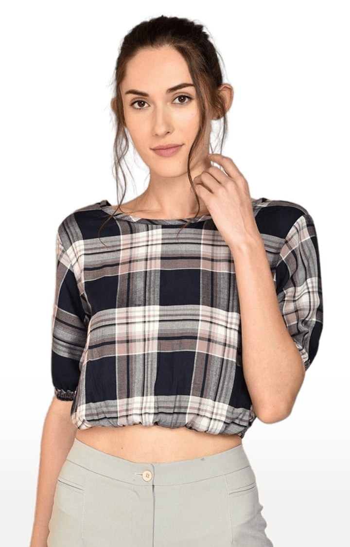 Women's Navy and White Viscose Checked Crop Top