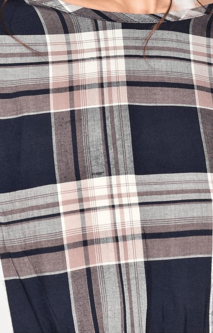 Women's Navy and White Viscose Checked Crop Top